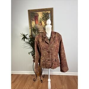 Yak Magic Womens Burnt Umber Floral Tapestry Jacket Sz L Nepal Boho Long Sleeve